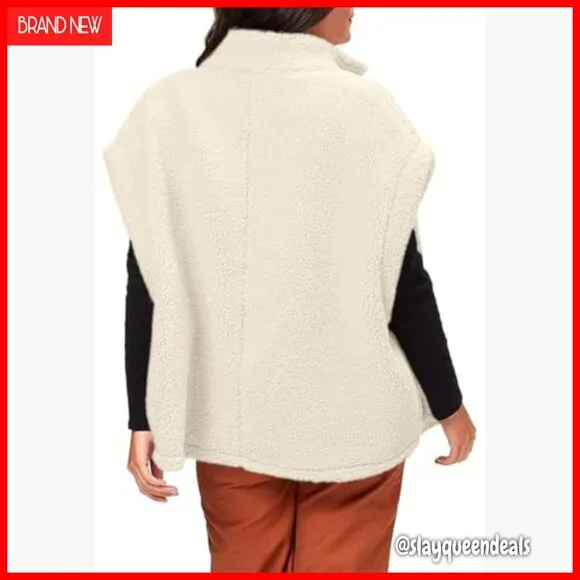 Oversized Fleece Sherpa Vest with Pockets, Button Down, Thigh Length